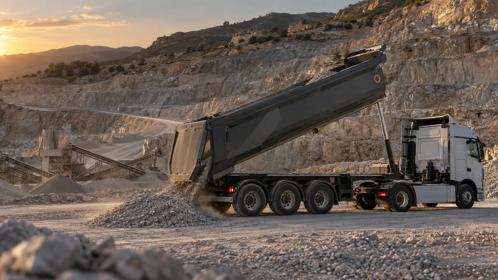 Taş ocağında çalışan Odion damper treyler